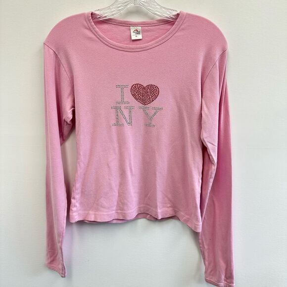 Y2K Pink Crew Neck “I ❤️ NY” Jewel Embellished Long Sleeve Tee Size L - Picture 5 of 8